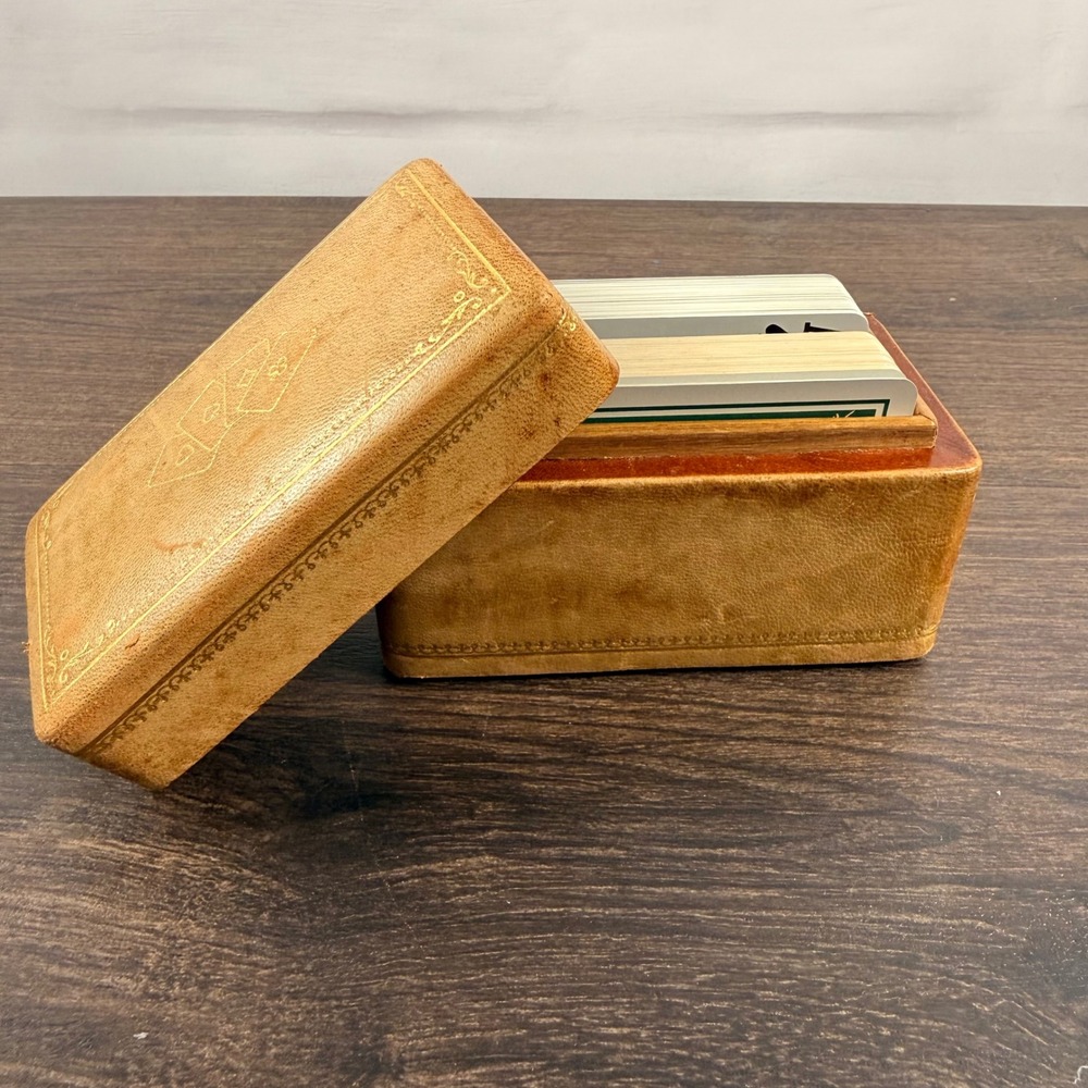 Italian Leather Playing Card Box Gilt Tooled w/ 2 KEM Decks